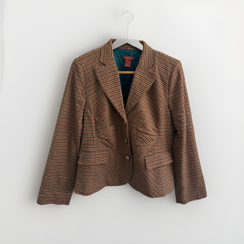 Sundance Blazer Womens Size 14P Houndstooth Wool Pleated Peak Lapel Brown Y2K